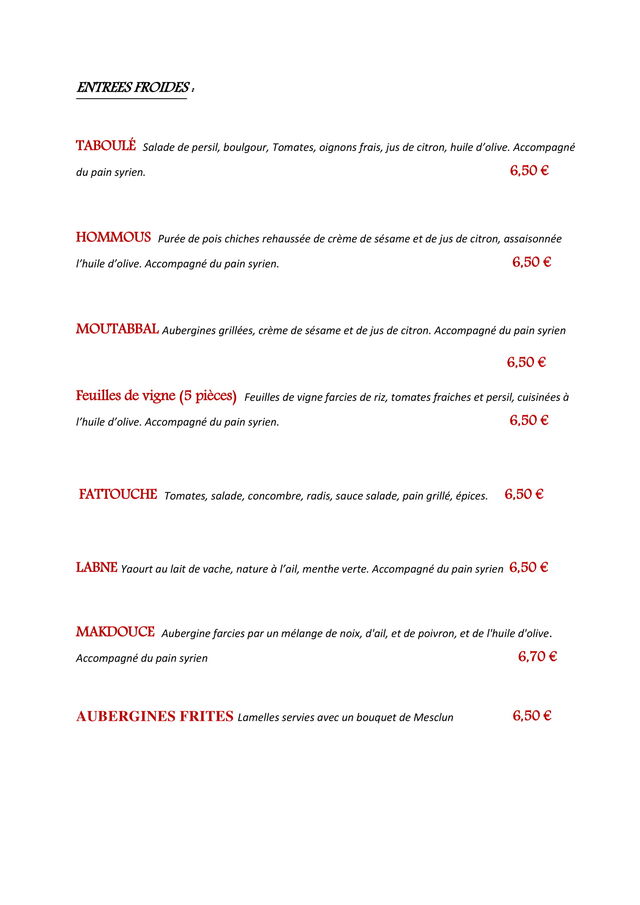 ENTREES FROIDES ( à la carte )