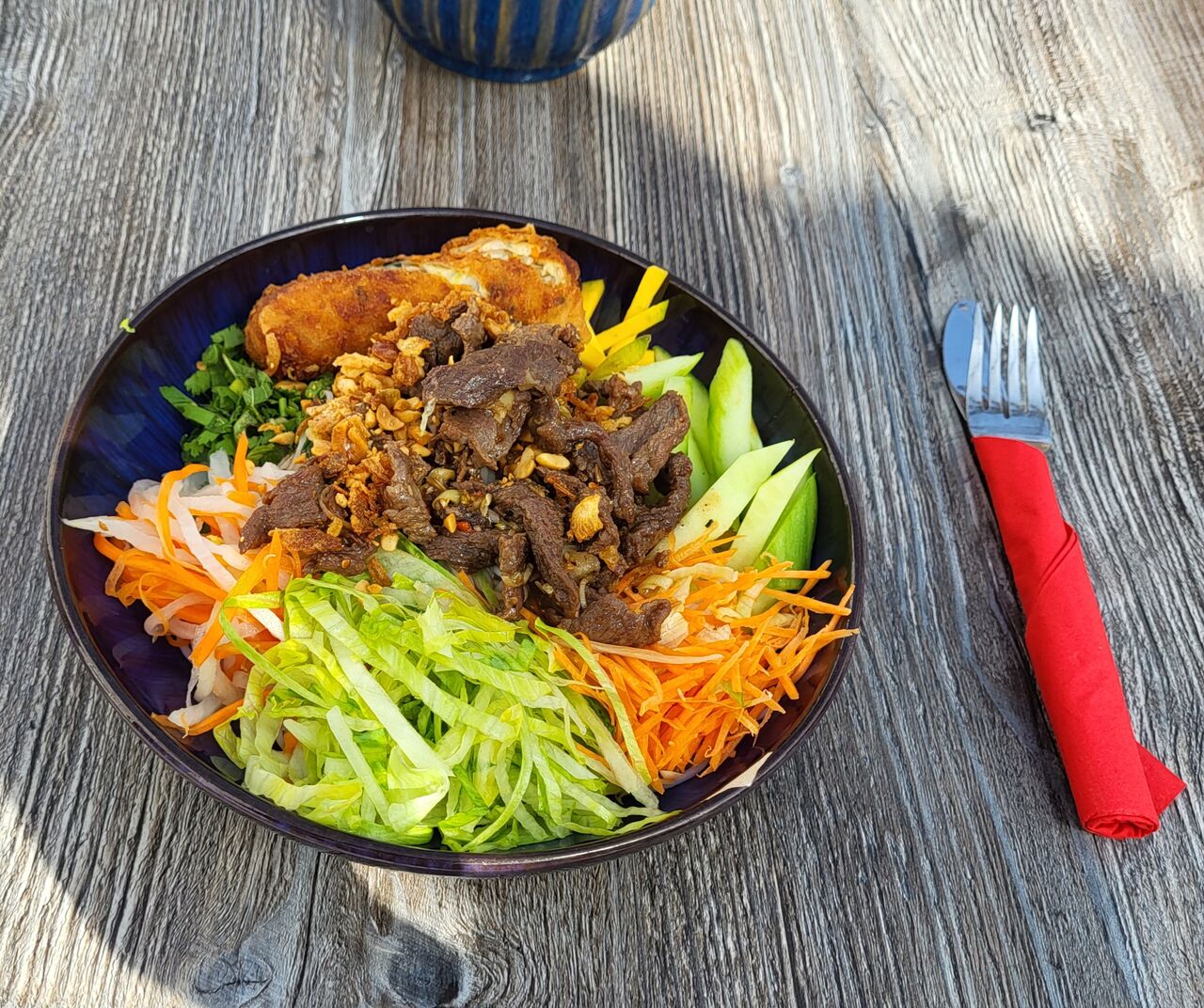 Nudelbowl mit Rindfleisch und Frühlingsrolle