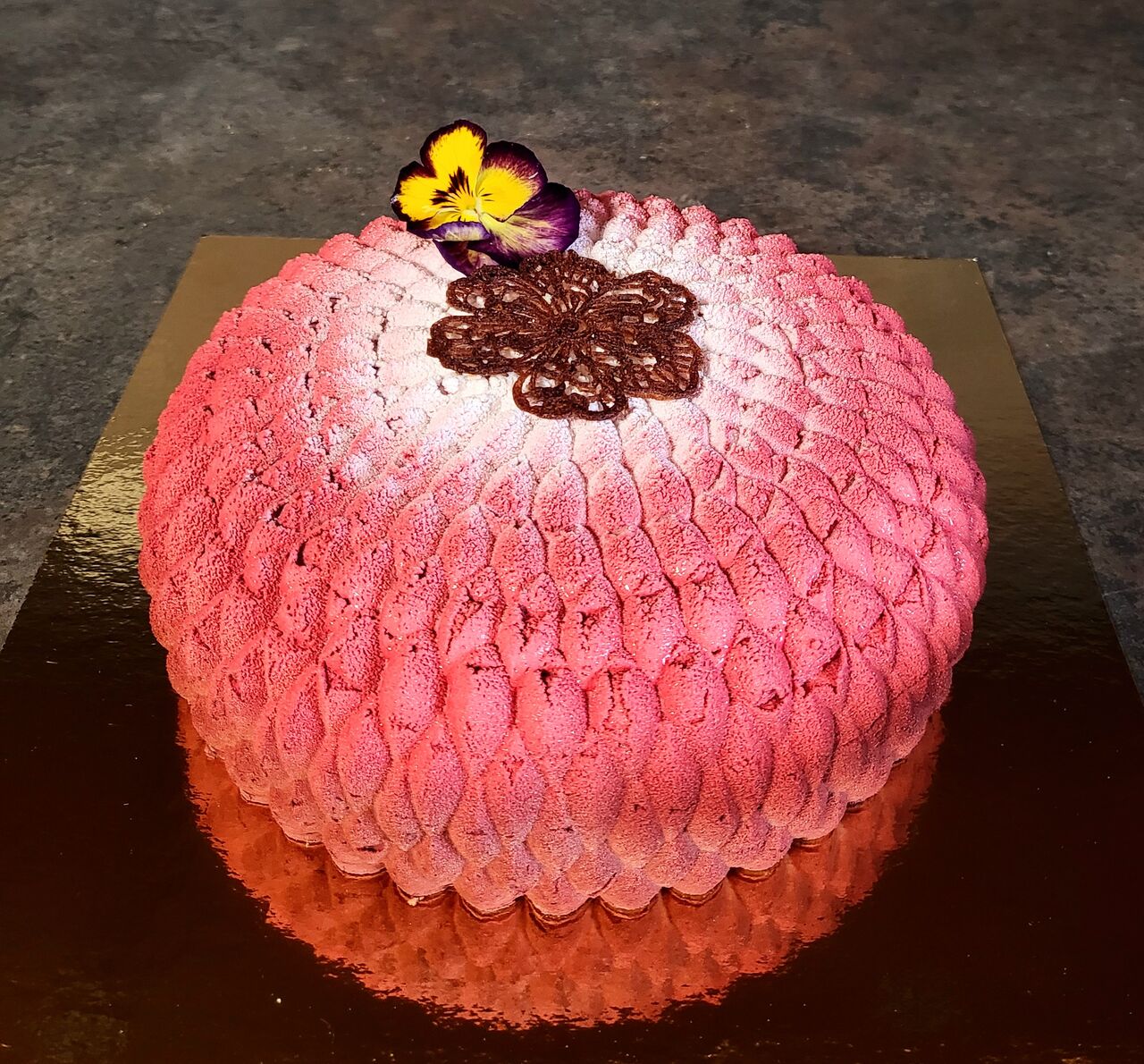Gateau duo Chocolat dulcey et noir génoise cacao craquant à la framboise et à la rose déco velouté dégradé
