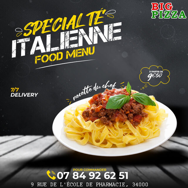 Pâte italienne, recette du chef
Les bon plan du big pizza c'est:
🍕 du plaisir
💰 à petit prix