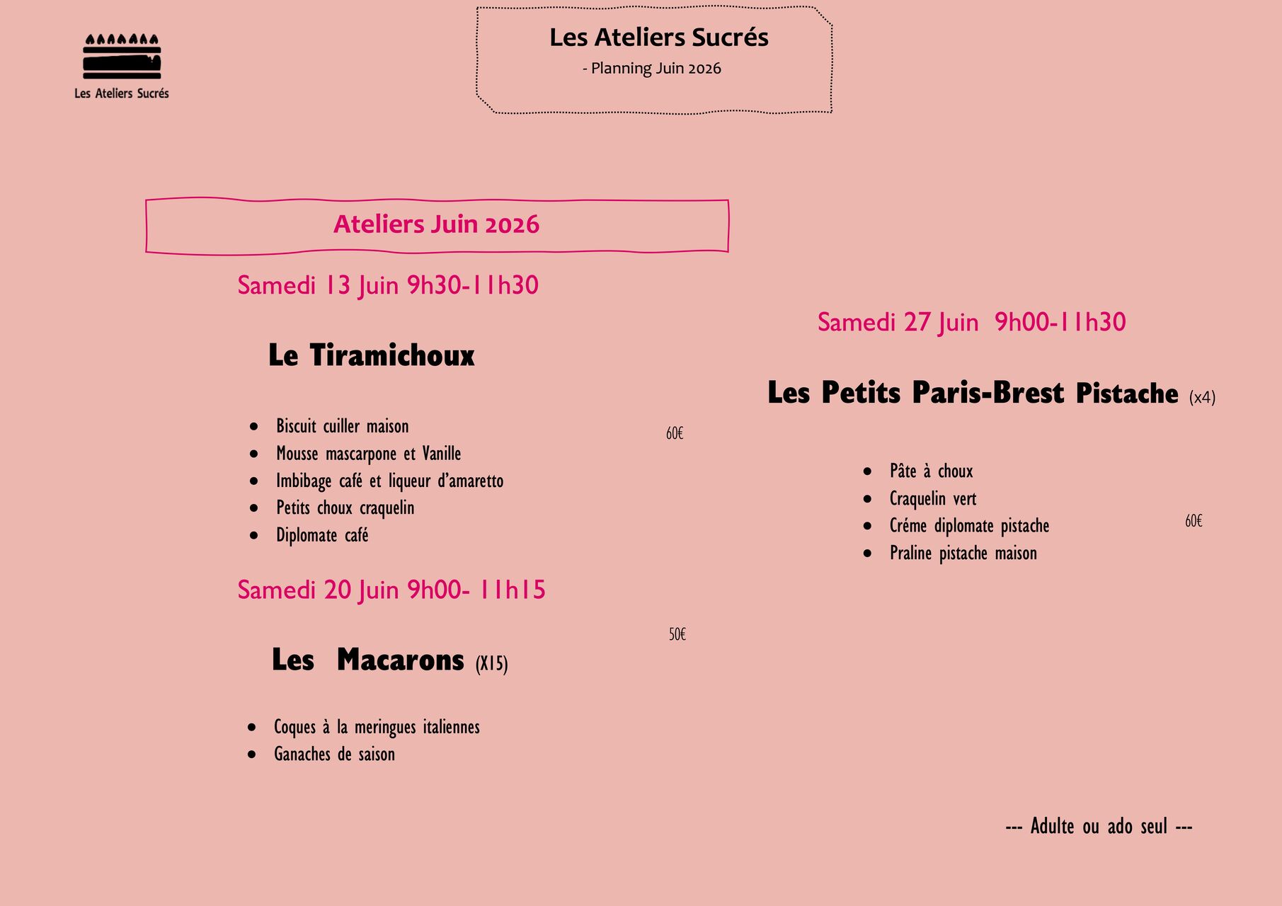 Ateliers Adultes ou ados Juin 2026