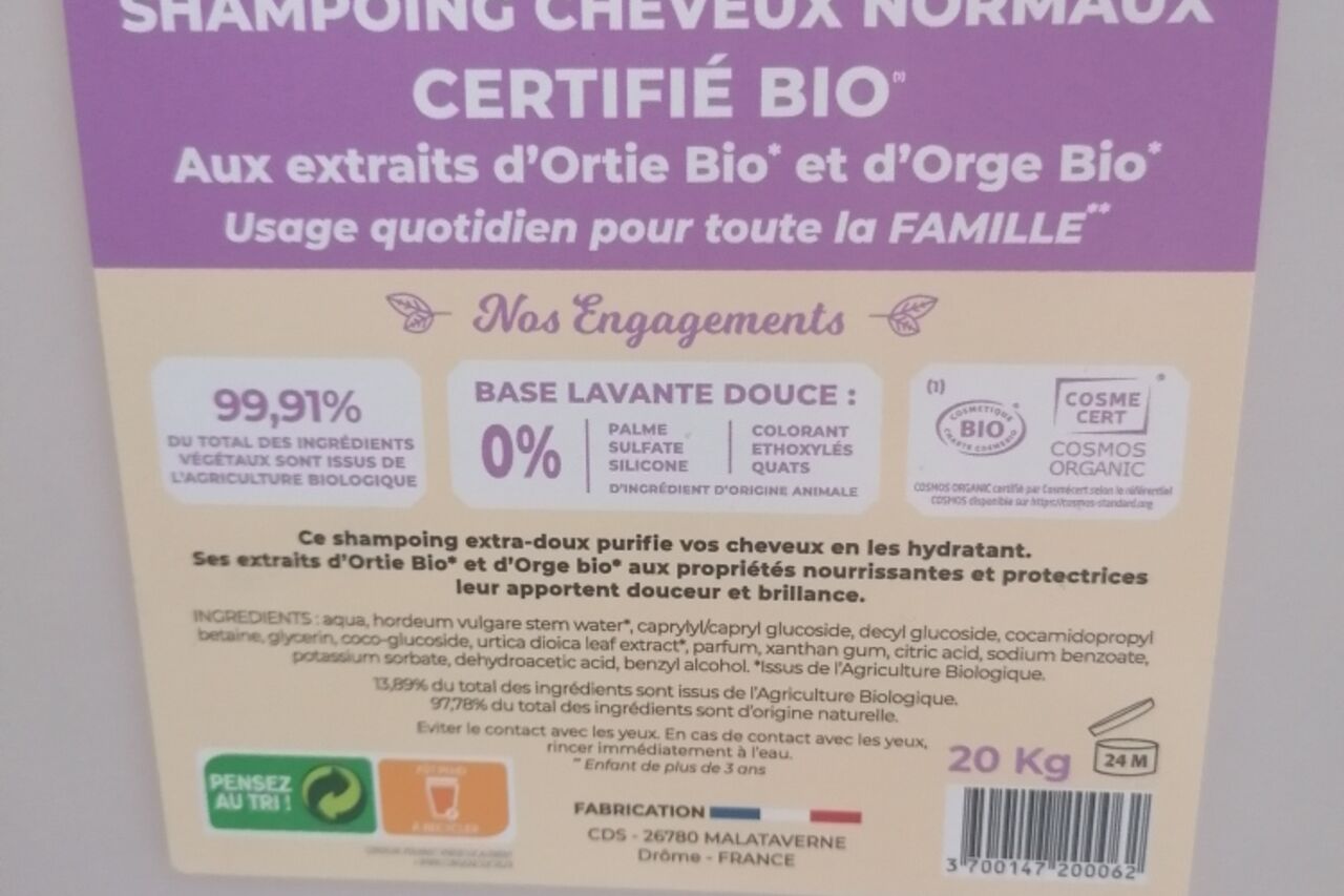 SUPER PROMO / Shampoing cheveux normaux Certifié Bio (vendu en vrac) C'est toujours mieux si vous avez vos propres contenant.