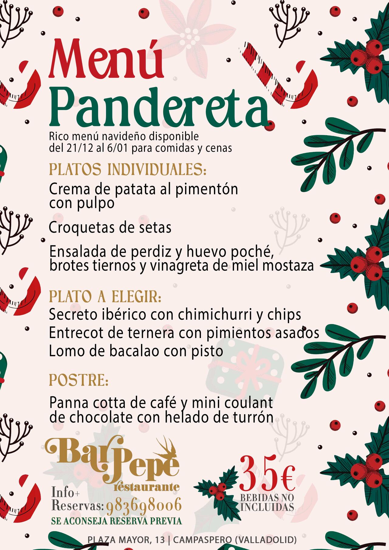 Menú Pandereta, disponible del 21 de diciembre al 6 de enero ✨🎄