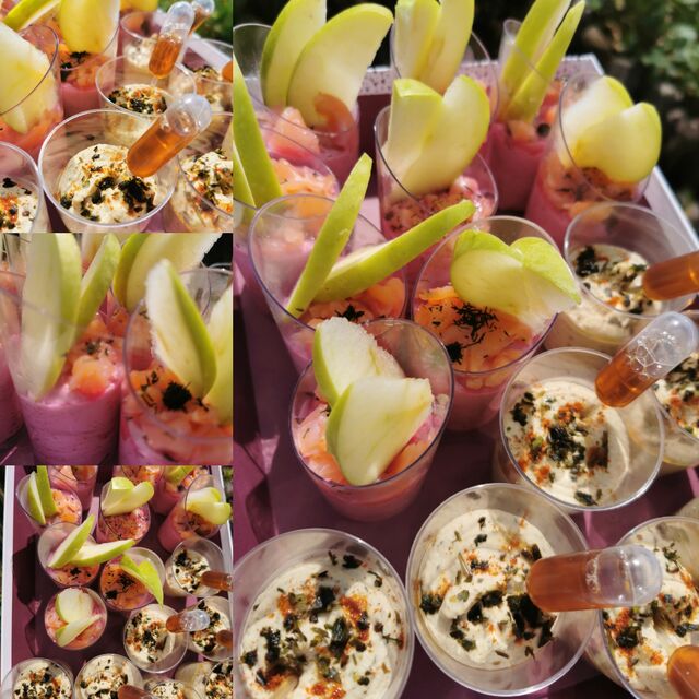 Verrines de houmous et chèvre-betterave-saumon ou crevettes. 