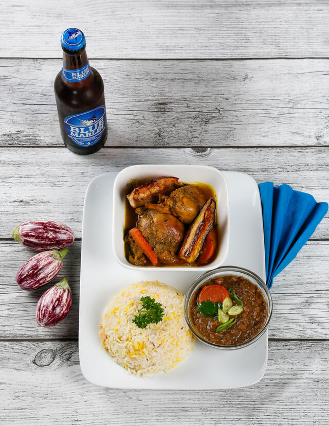 poulet colombo; riz blanc, lentille