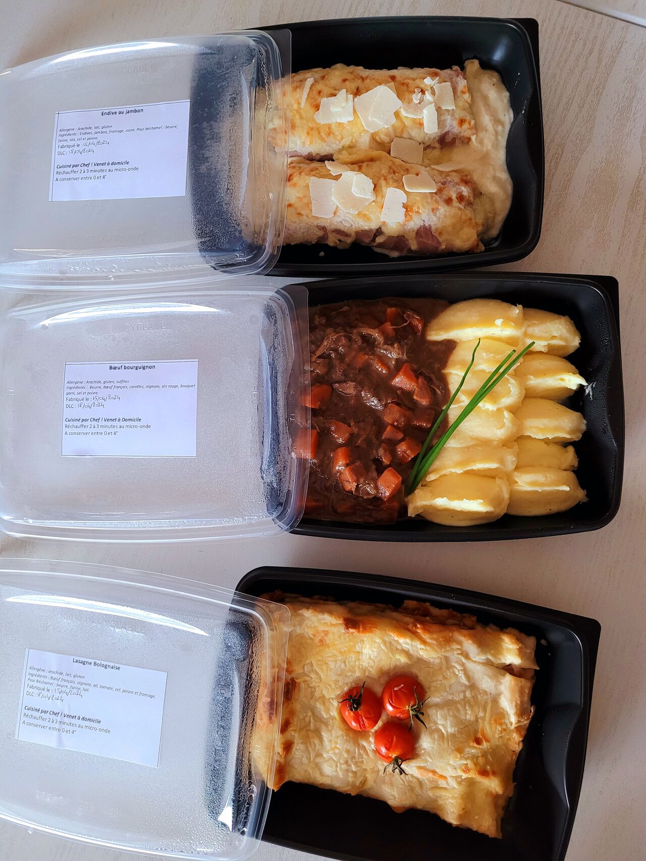 Endives au jambon, bœuf bourguignon et lasagne bolognaise