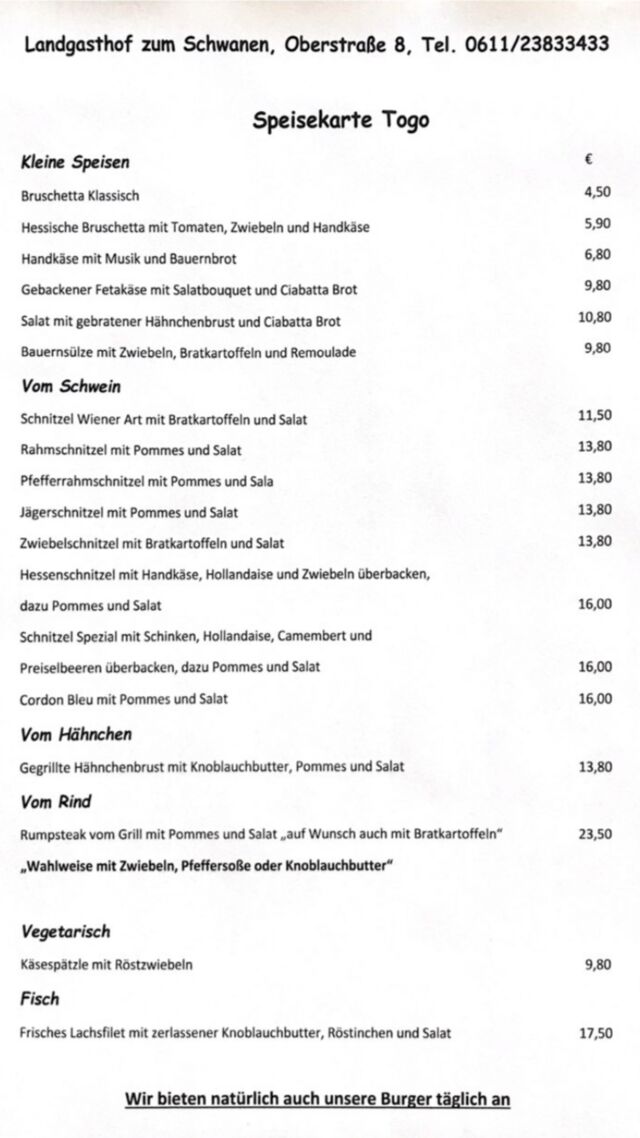 Aktuelle Speisekarte für unser außer Haus Geschäft 