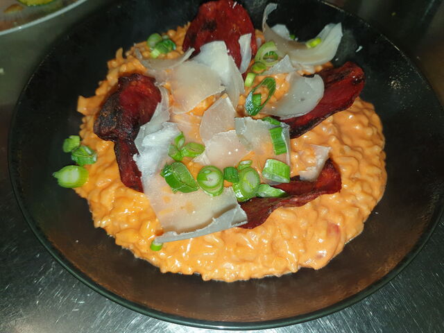 Risotto Tomate, Chips de Chorizo