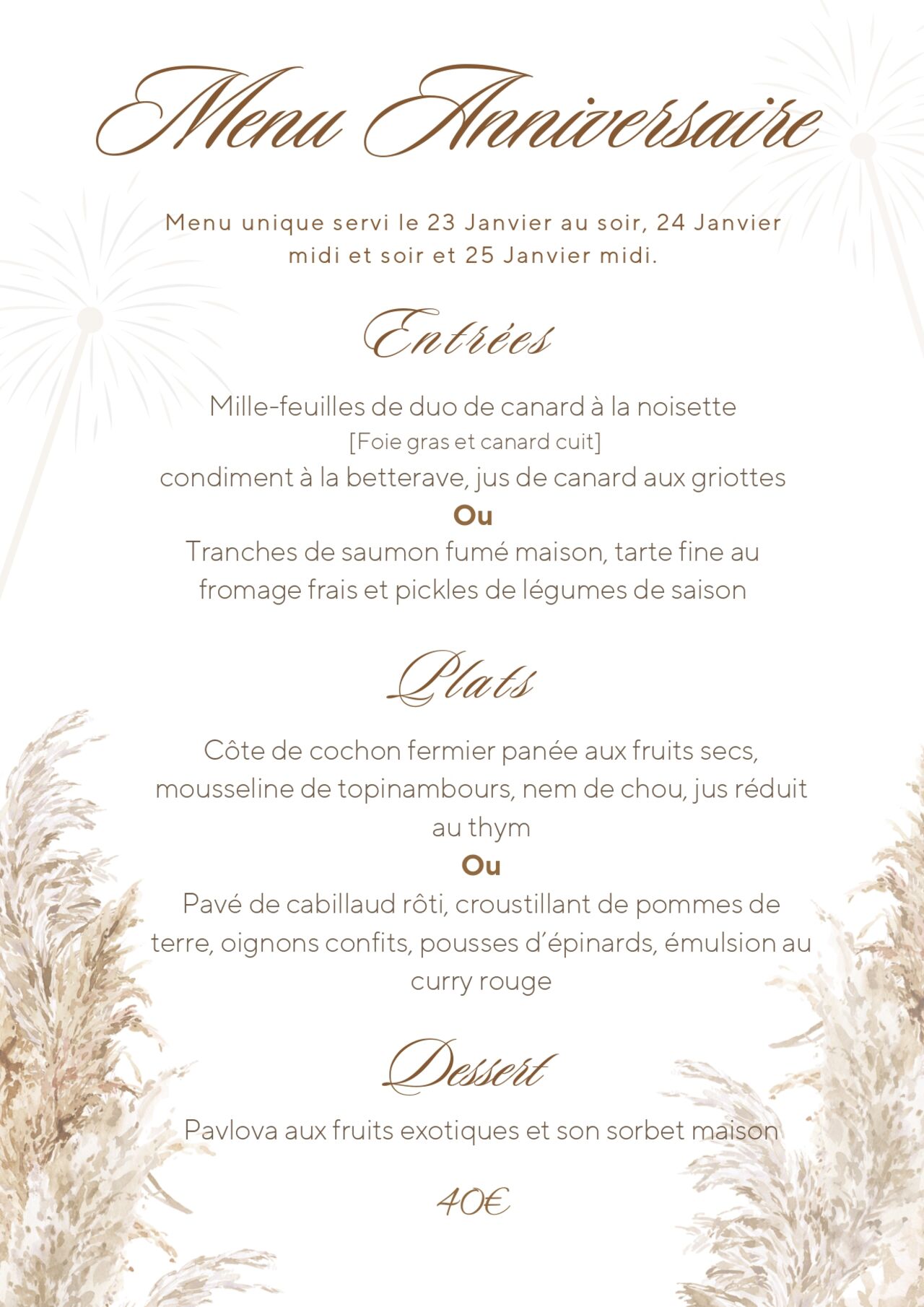 Menu anniversaire du restaurant 2026
