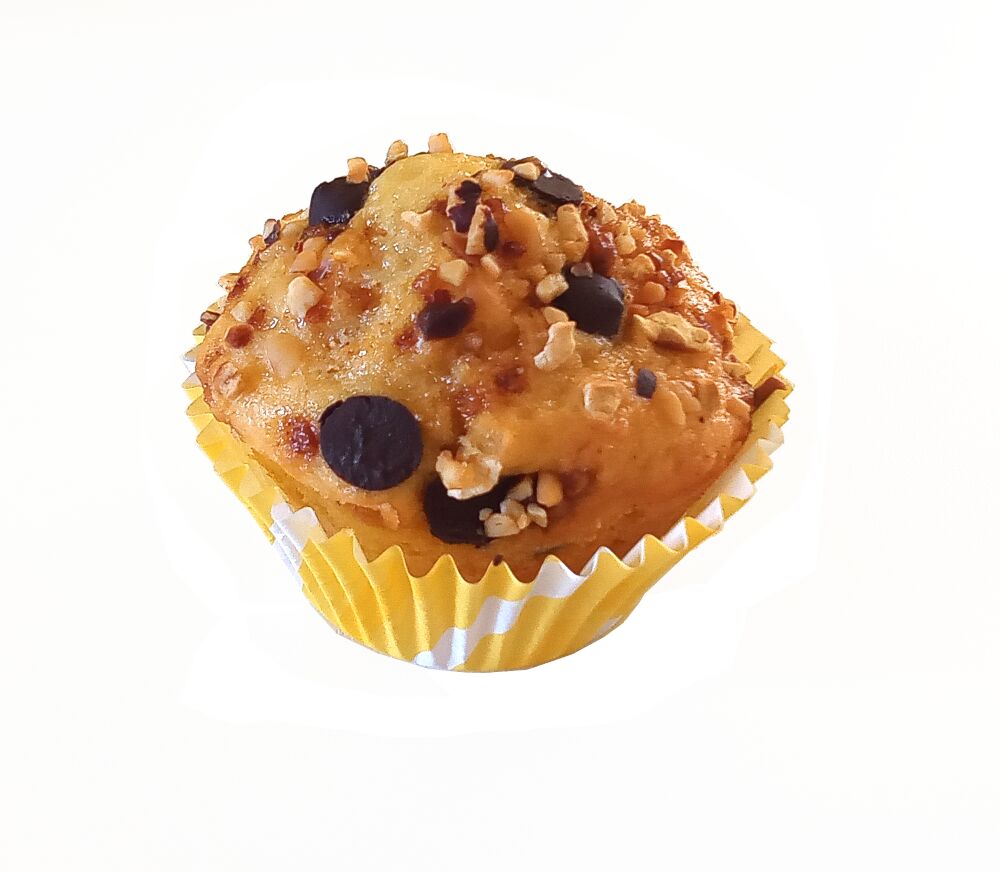 Muffin vanille Bourbon, pépites chocolat & nougatine.
