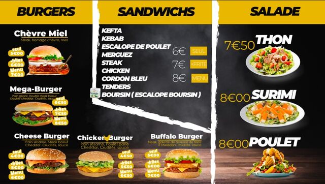 Nos burgers, Sandwichs, Salades