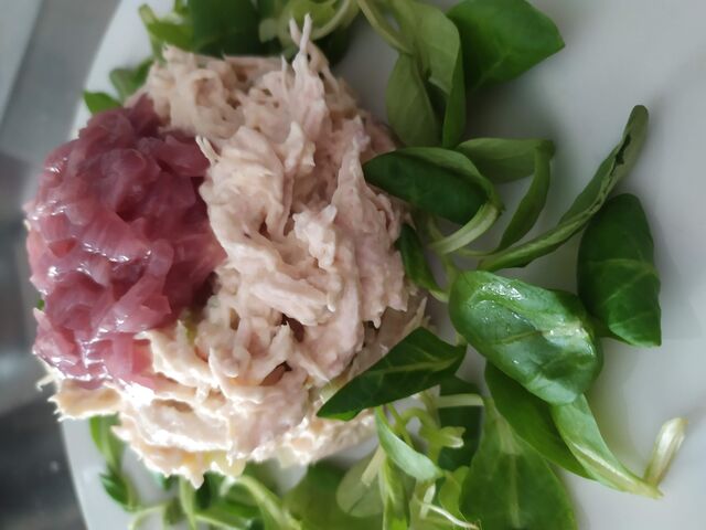 Insalata di pollo con cipolle caramellate