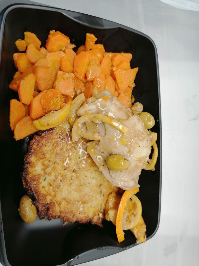 Poulet au agrume, crique et carotte au cumin 