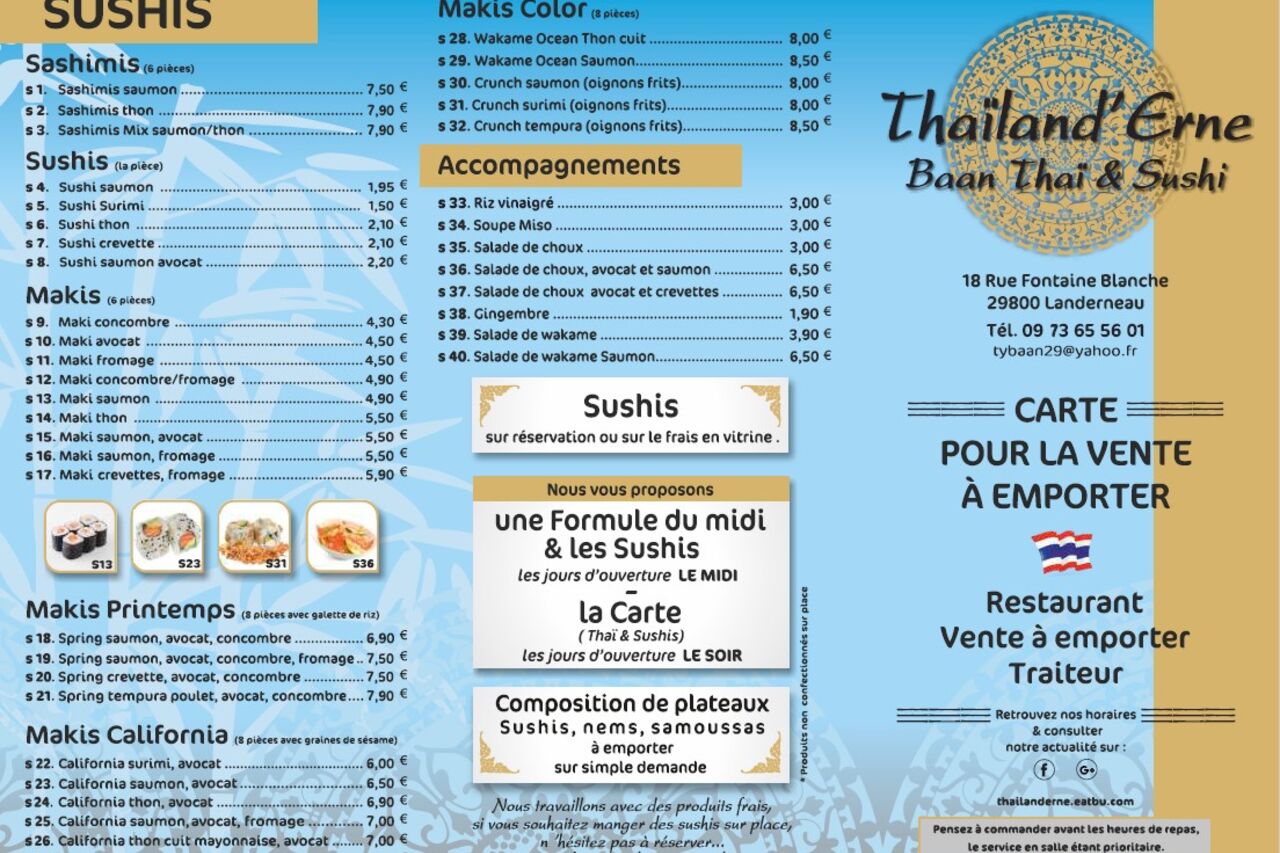 Cartes Sushis et Thaï Vente à emporter