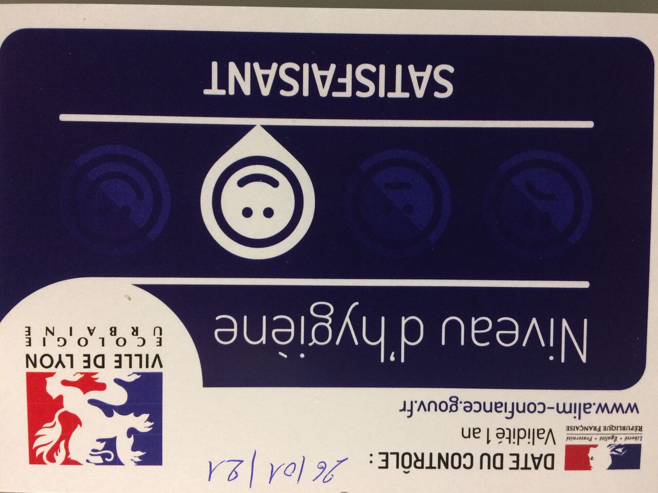 Gage de qualité clientèle validé par la direction écologie urbaine de Lyon,
service hygiène,
section alimentaire. 