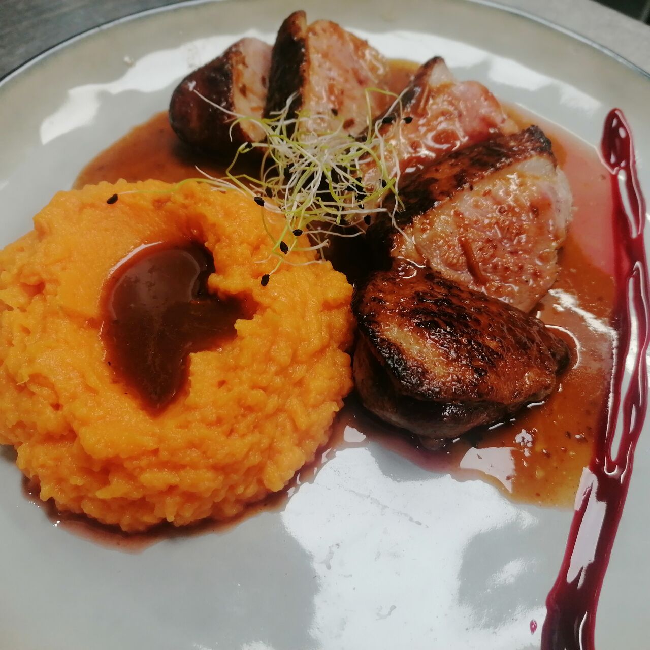 filet de cannette et sa purée de patate douce