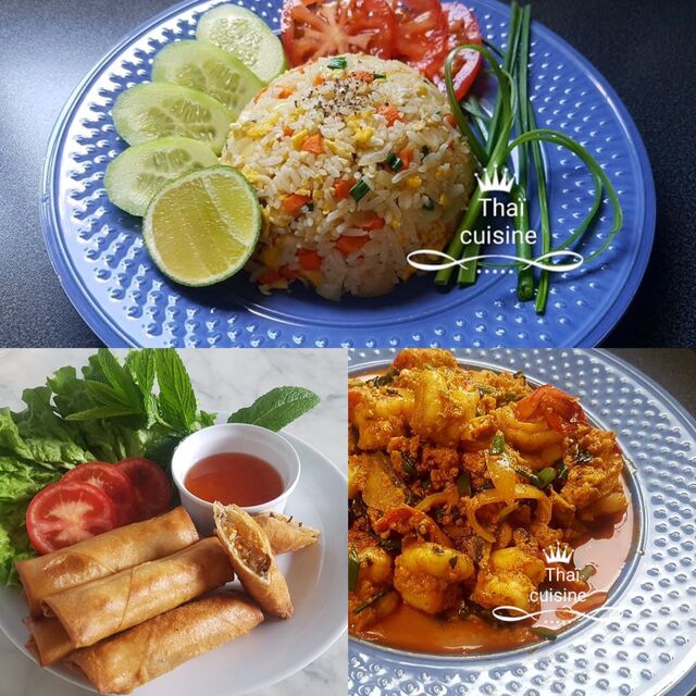Ideé menu: Spring roll, Curry crevette et Kao pat