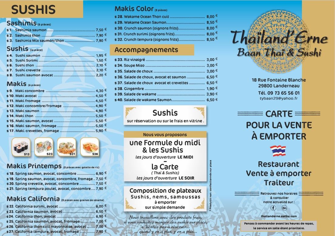 Carte Sushis Vente à emporter
Restaurant Thaïlandais Landerneau