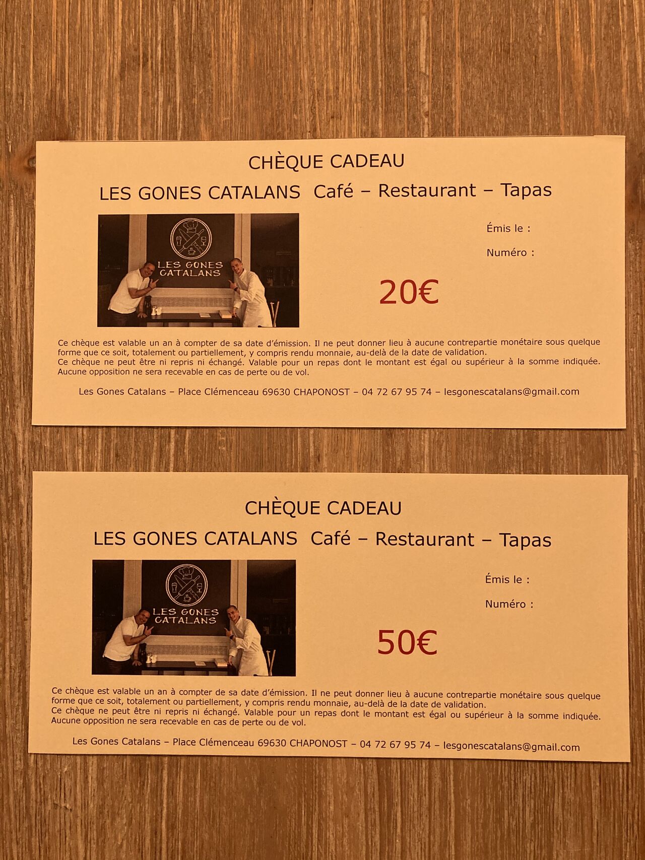 Chèques Cadeaux d'une valeur de 20€ ou 50€ à offrir toute l'année.