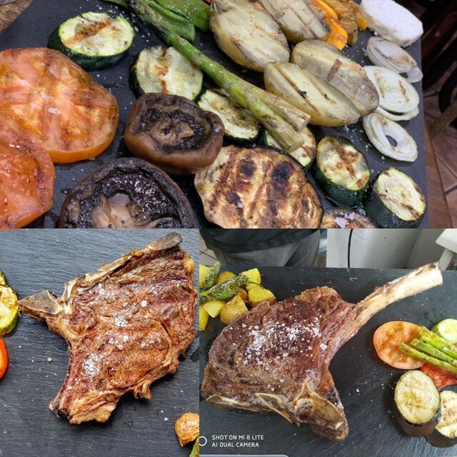 AQUI MOSTRAMOS UNA PARRILLADA DE VERDURA,CHULETON Y TOMAHAWK
