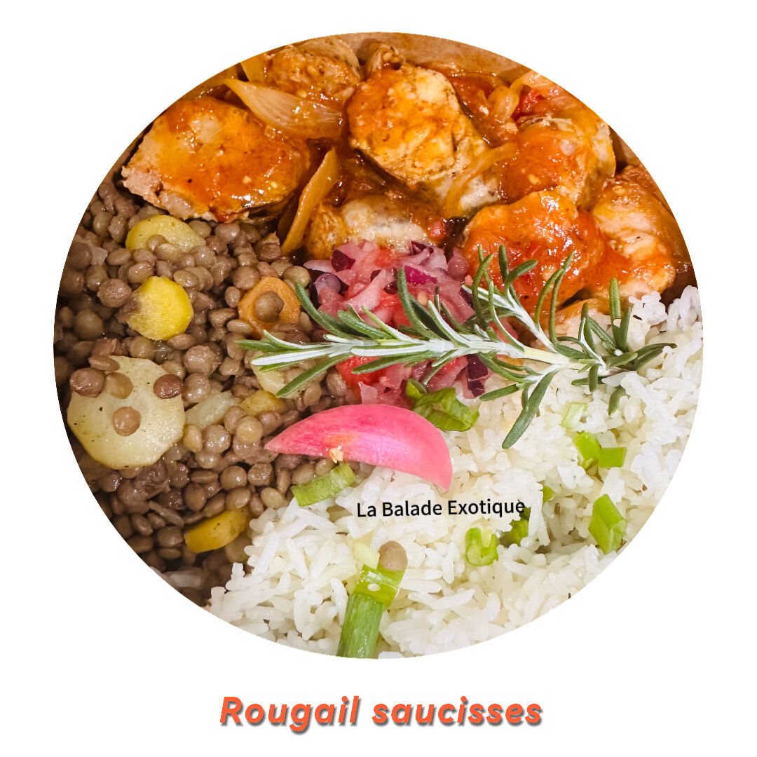 Le Vrai avec des saucisses créoles fraiches, riz et légumes.