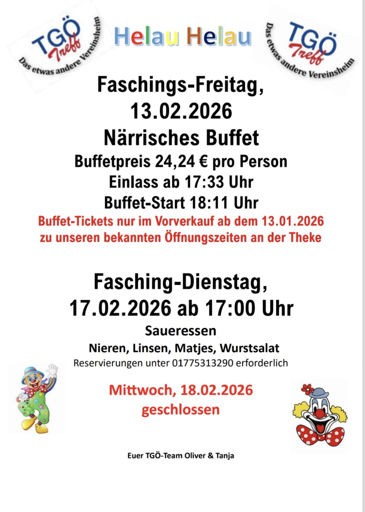 Närrisches Buffet und Saueressen 2026