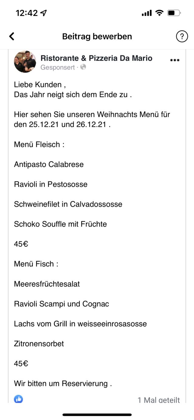 Weihnachts menü für den 25.12.21 und 26.12.21 .Nur Mittags
Bitte reservieren 