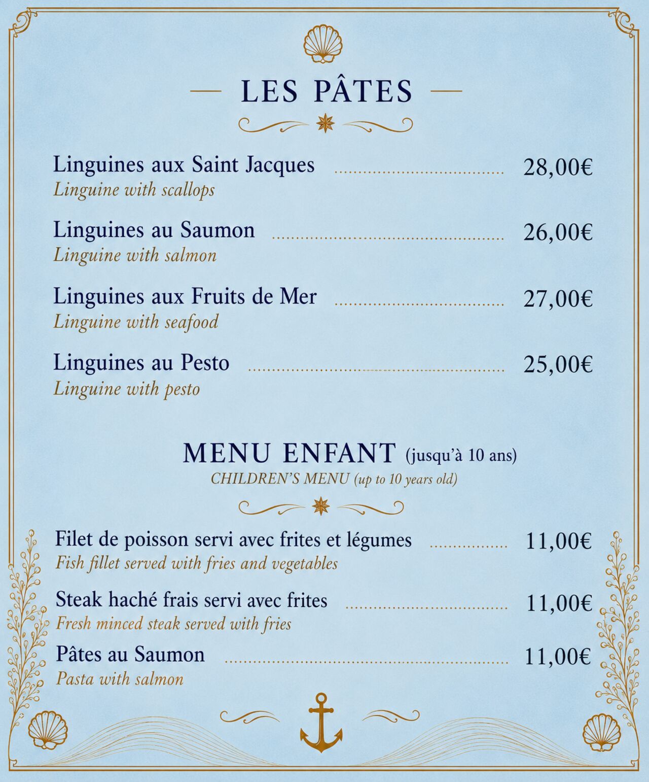 Nos pâtes et menus enfants