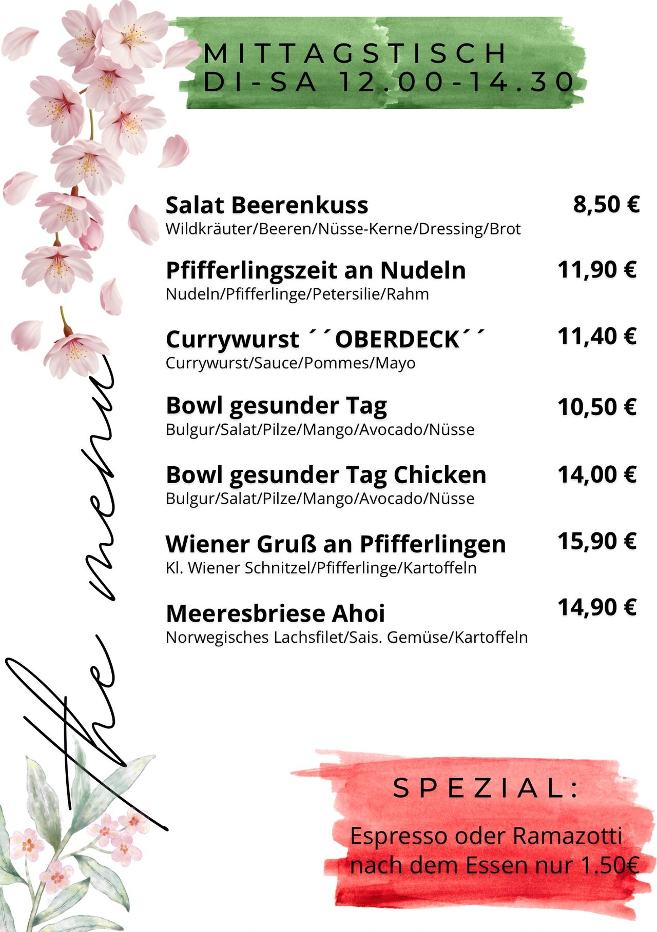 Mittagskarte im Café Kunstpause