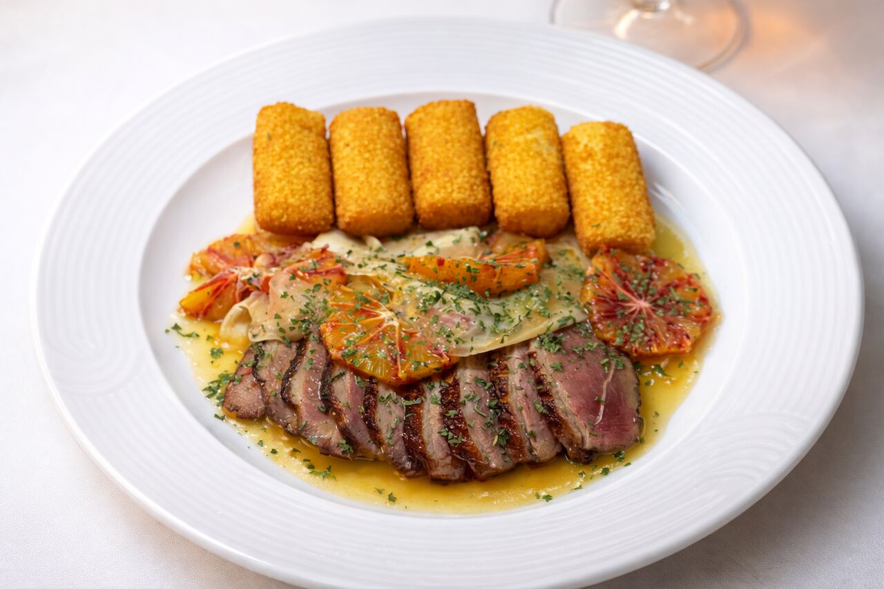 Eendenborst met citrusvruchten, gember en kroketjes