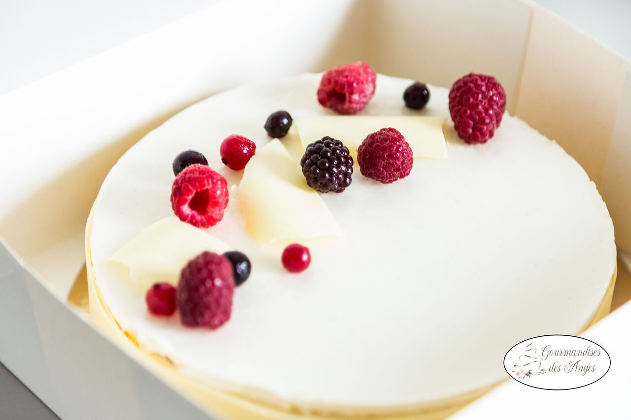 Entremet Chocolat blanc/vanille/fruits rouges