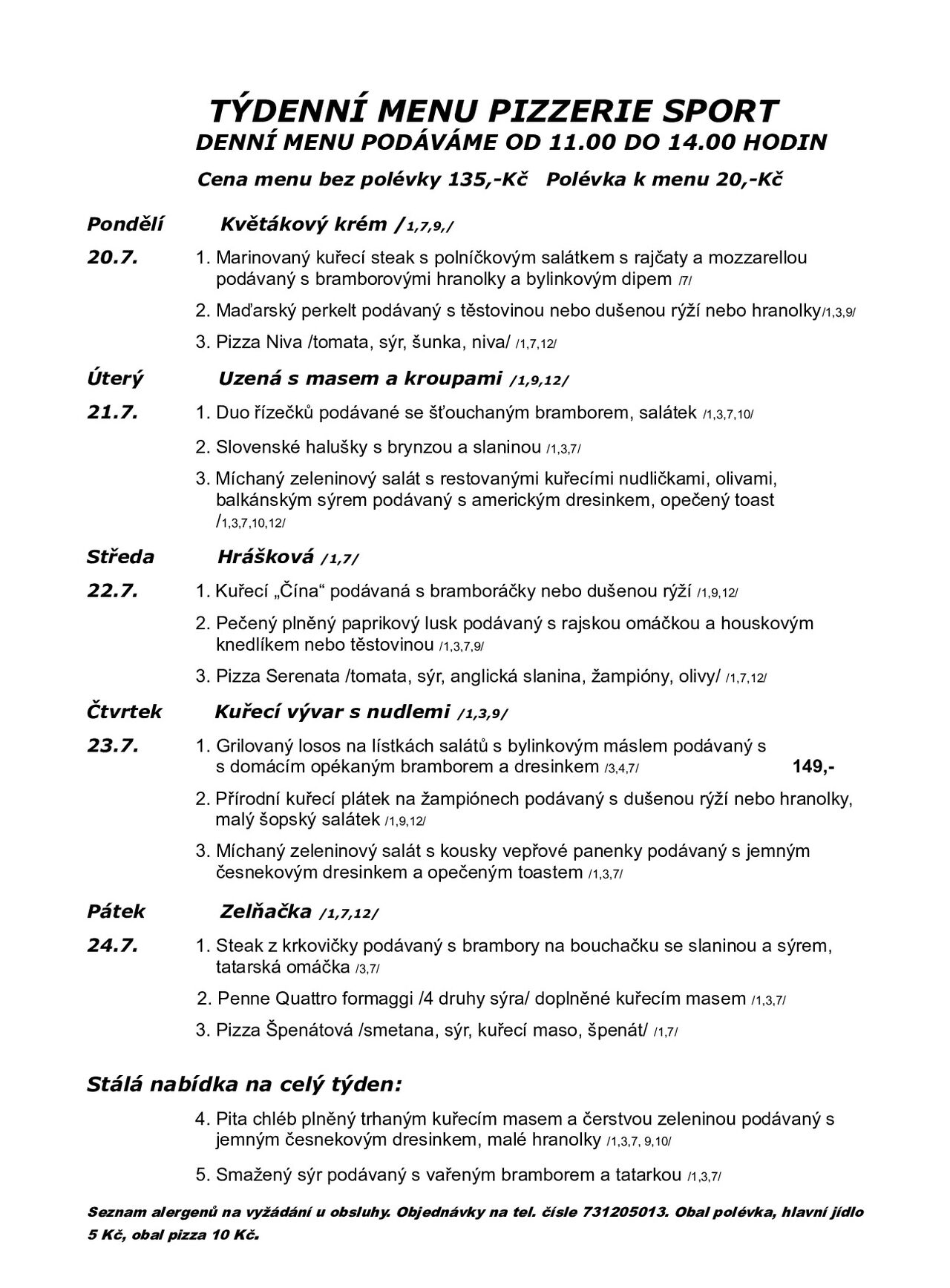 Týdenní menu od 20.7.-24.7.2026