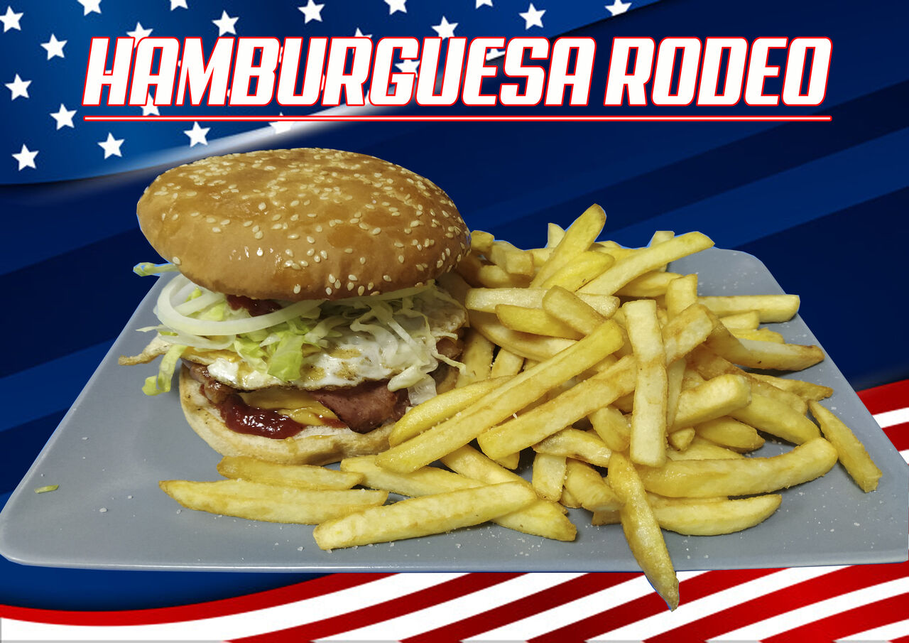 200g de Carne, Queso Cheddar, Bacón, Huevo Plancha, Salsa BBQ Americana Hot, Lechuga, Cebolla y Tomate Nat.
