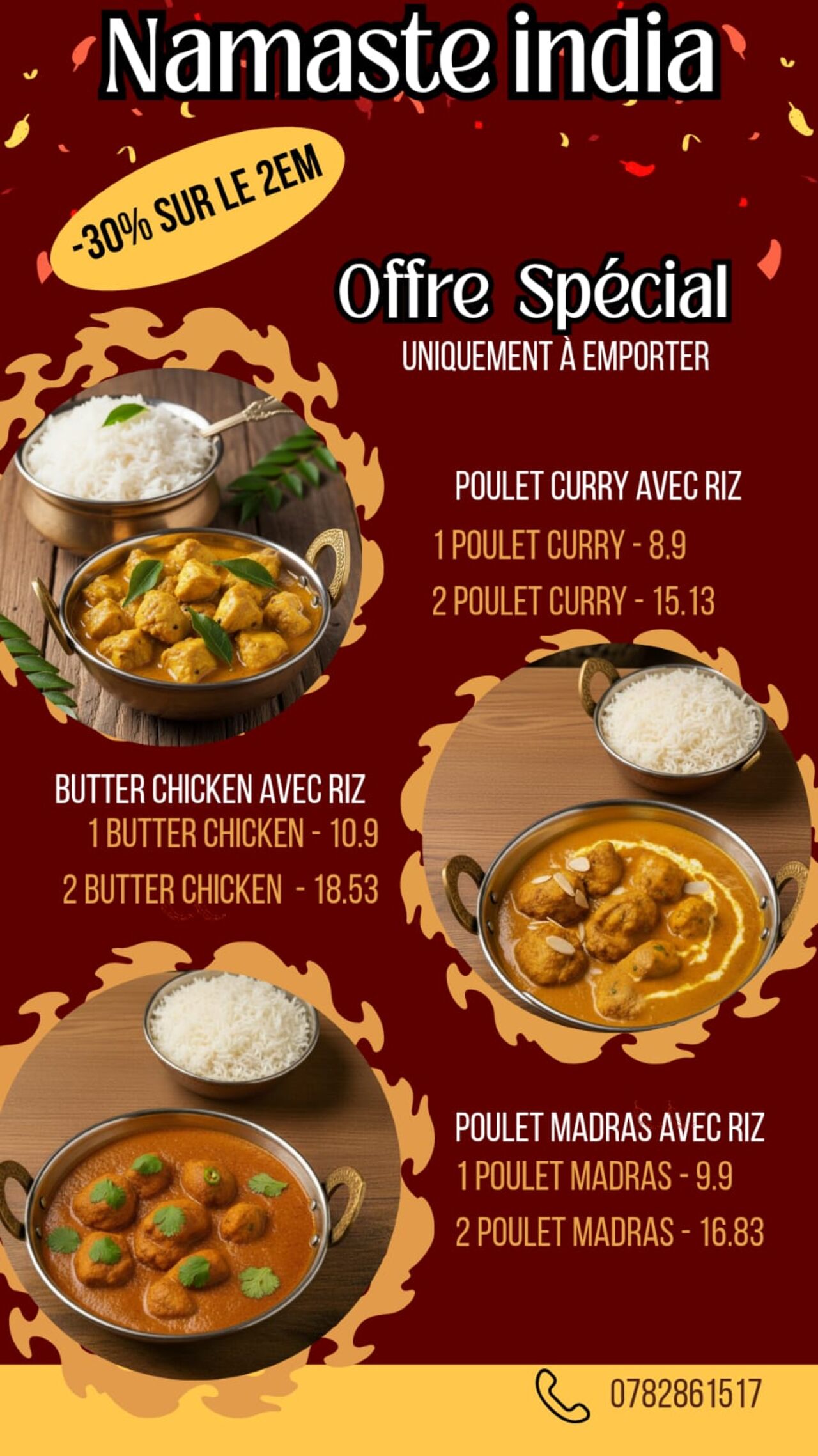 🍛 Namaste India 🇮🇳 🔥 -30% sur le 2ème plat ! 🔥 🎉 Offre Spéciale 🎉 📦 Uniquement à emporter