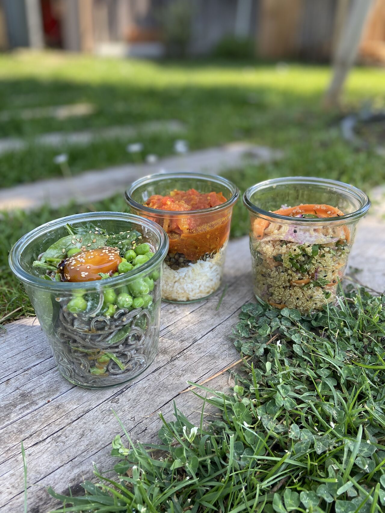 Rougail saucisses.Quinoa , poulet, légumes croquants. Nouilles soba, petits pois et pousses d’épinard, jaunes d’œufs mariné soja