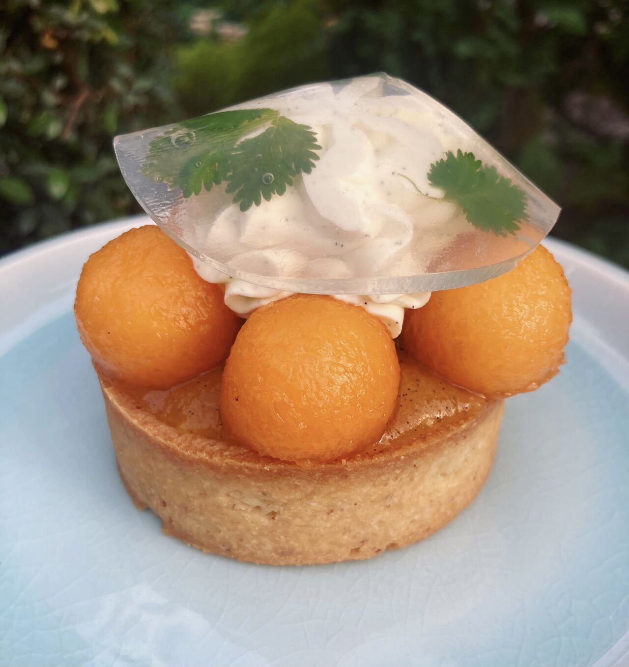 Tartelette melon, ganache chocolat blanc, menthe, coriandre