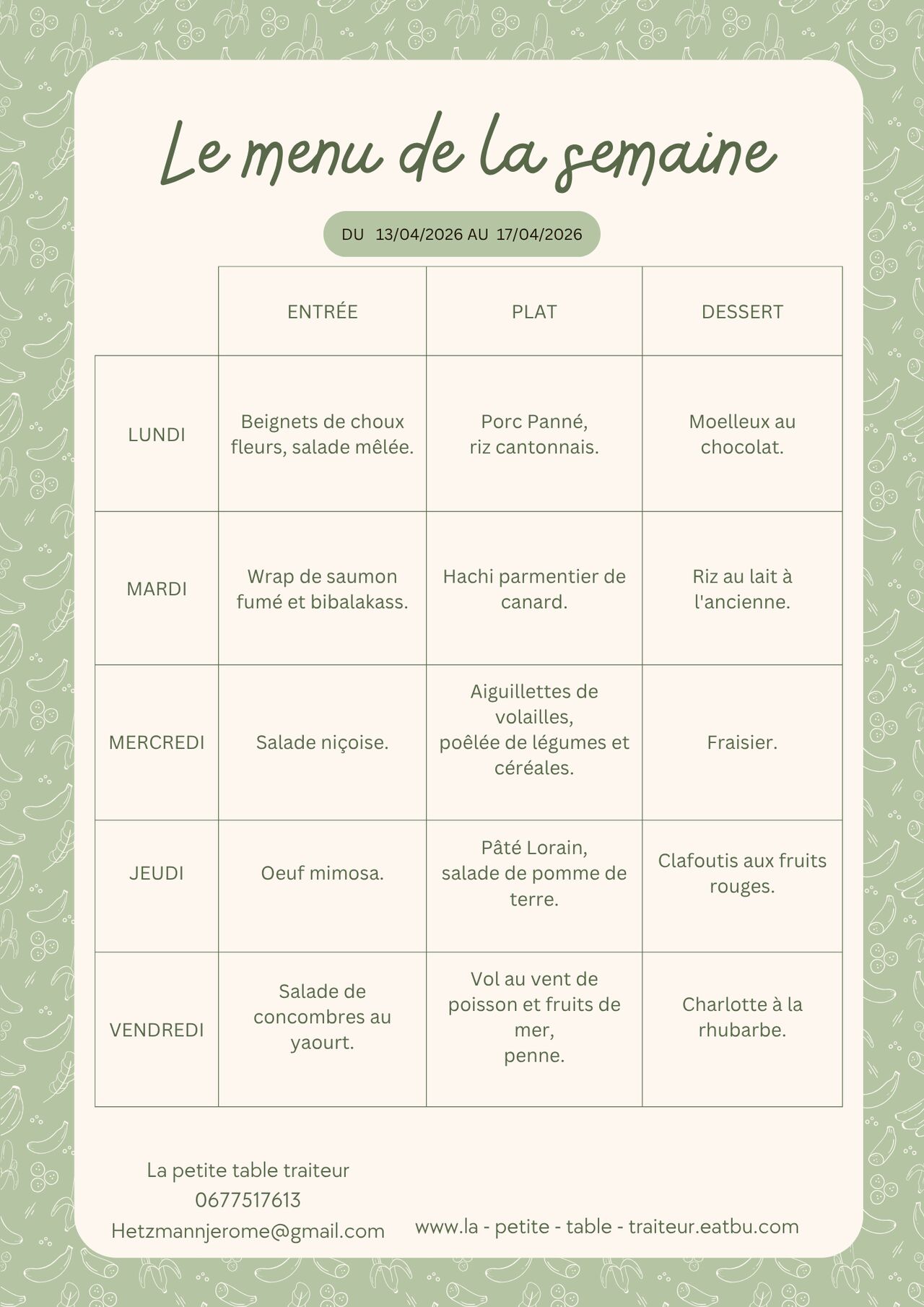 Menu du 13 au 17 avril 2026.