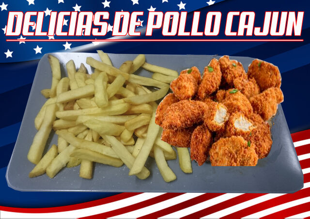 Pollo especiado con un toque picante y patatas fritas.