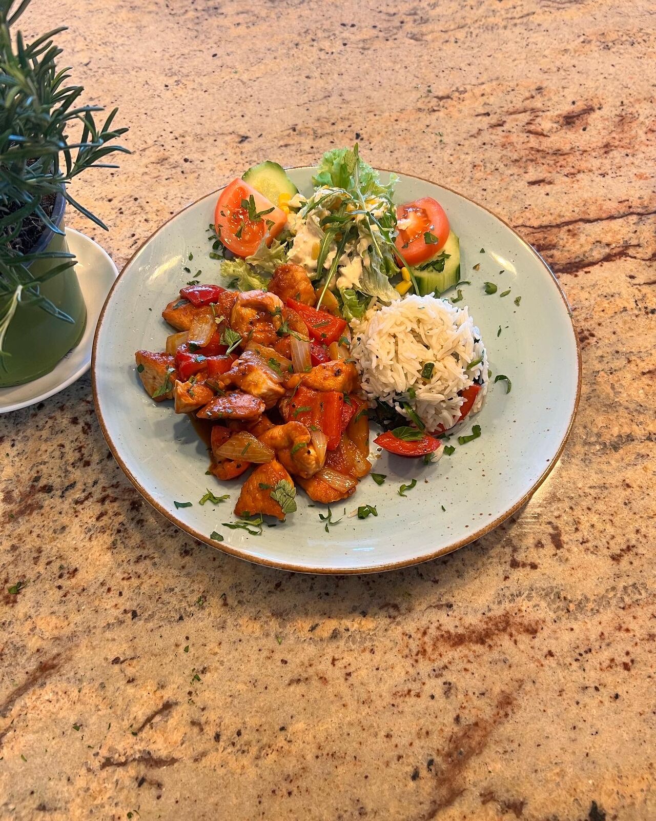 Putenpfnne mit Paprika Tomate Reis Gemüse 