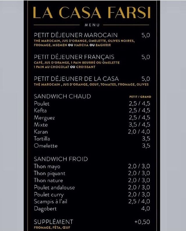 Voici le menu de La Casa Farsi
