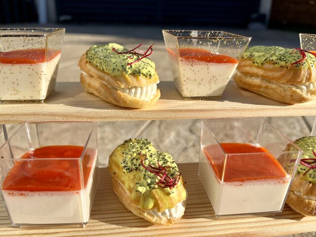 Panna Cota choux fleurs gorgonzola et mini-éclairs roquefort