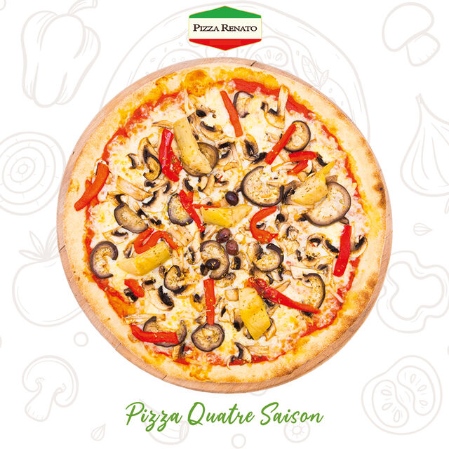 Tomate, fromage, champignons, artichauts, poivrons, aubergines et olives.33 cm.