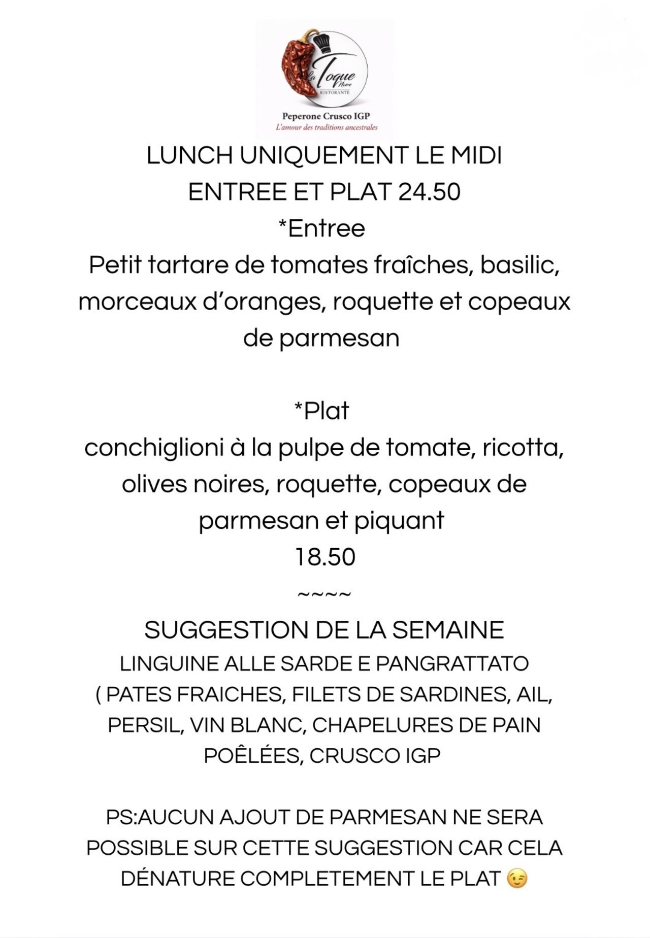 Lunch et suggestion de la semaine