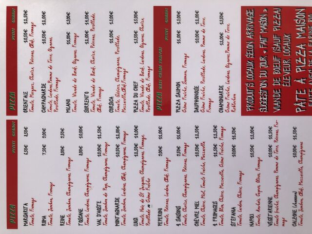 Carte des pizzas 