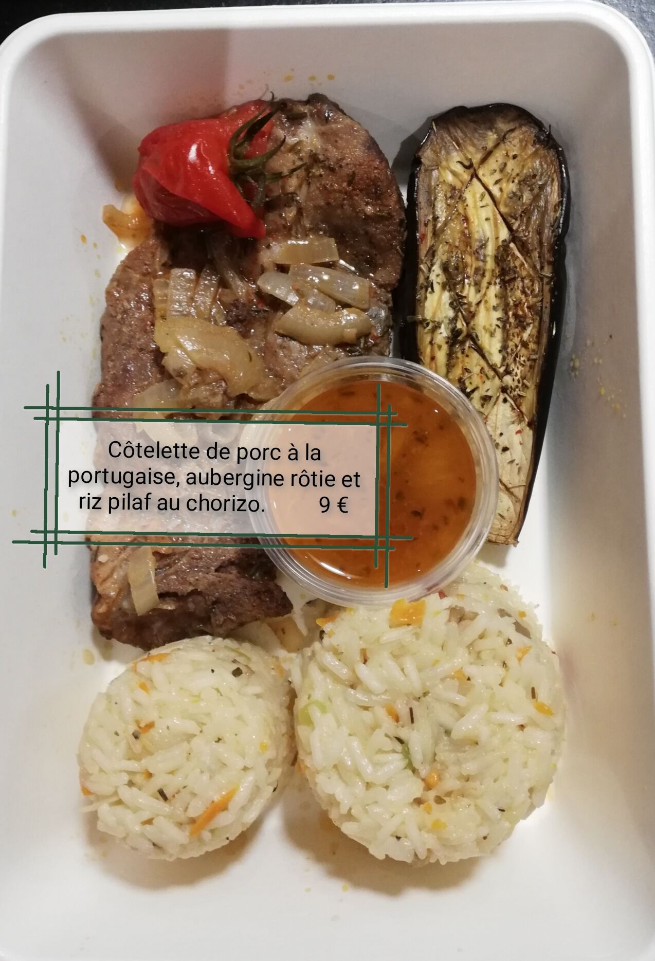 Plat du 22 juin 2021
Côtelette de porc, aubergine au four et riz pilaf au chorizo