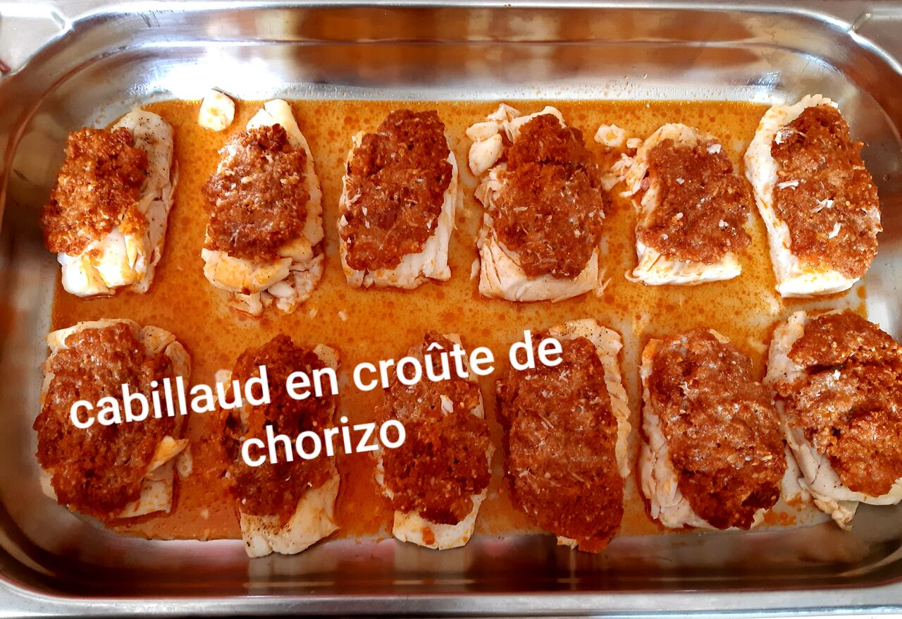 Une de nos préparations, Cabillaud en croûte de Chorizo. Uniquement sur commande.