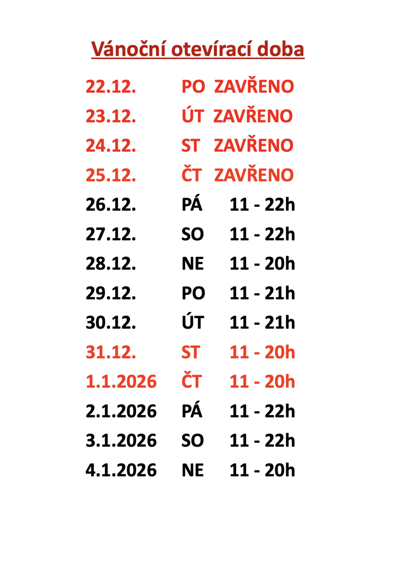Vánoční otevírací doba