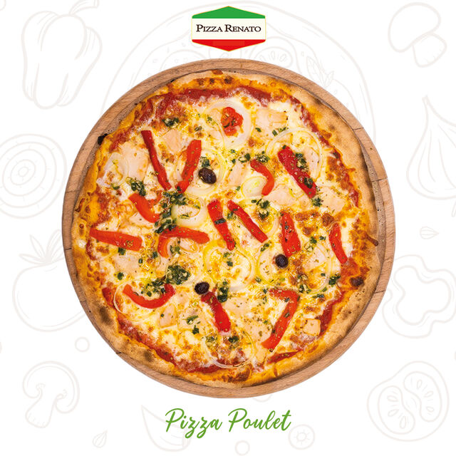 Tomate, fromage, poulet, poivrons, oignons, olives, origan et persillade.33 cm.