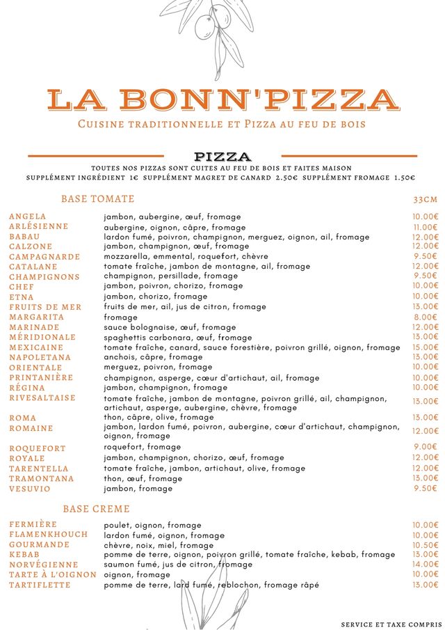 Carte pizzas sur place ou emporter 