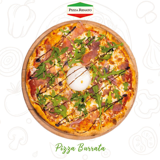 Tomate, fromage, jambon cru, burrata entière, pignons, roquette .33 cm.